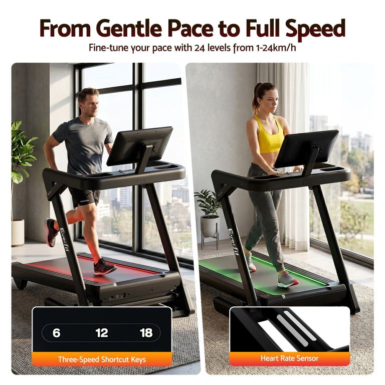 Man and woman using modern treadmill indoors