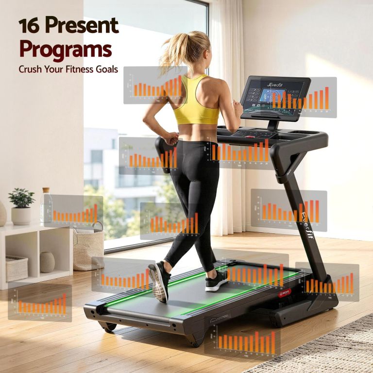 Woman running on treadmill with fitness progress charts