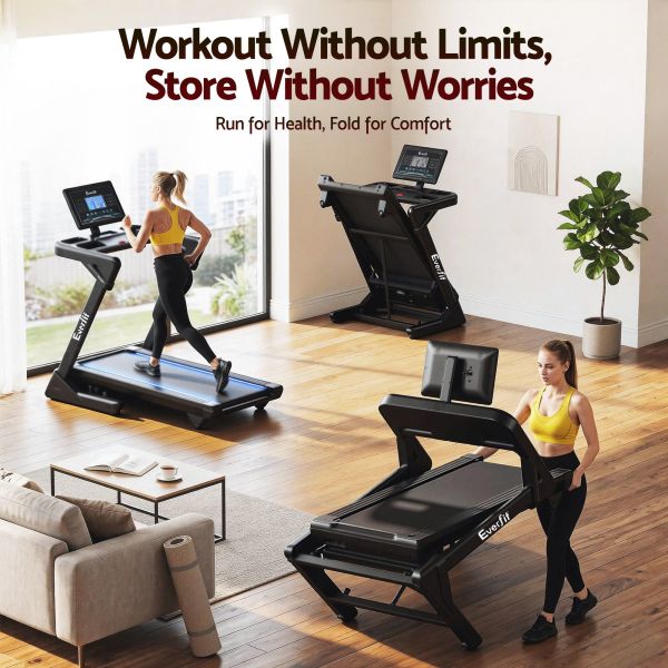 everfit 500mm wide belt treadmill 30% auto incline foldable treadmills for home with led lights Woman using foldable treadmill in modern living room