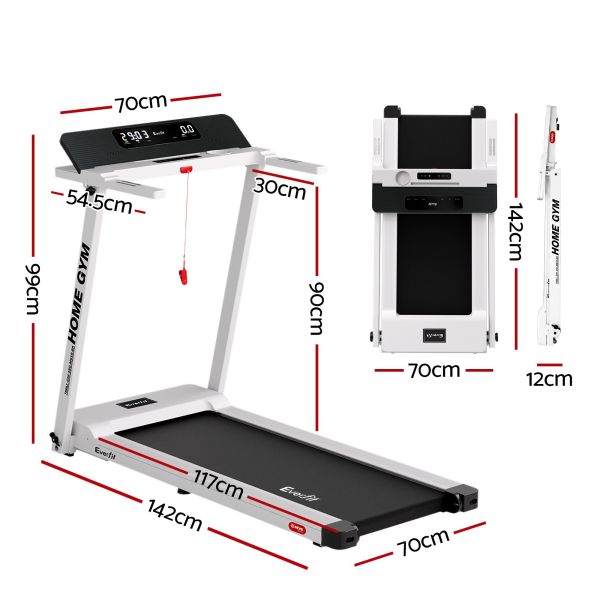 everfit treadmill electric home gym fitness exercise fully foldable 450mm white Foldable home treadmill with dimensions labelled