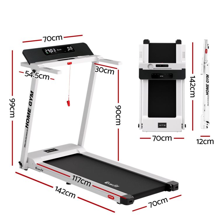 Foldable home treadmill with dimensions labelled