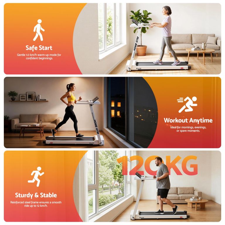 Home treadmill workout in modern living room