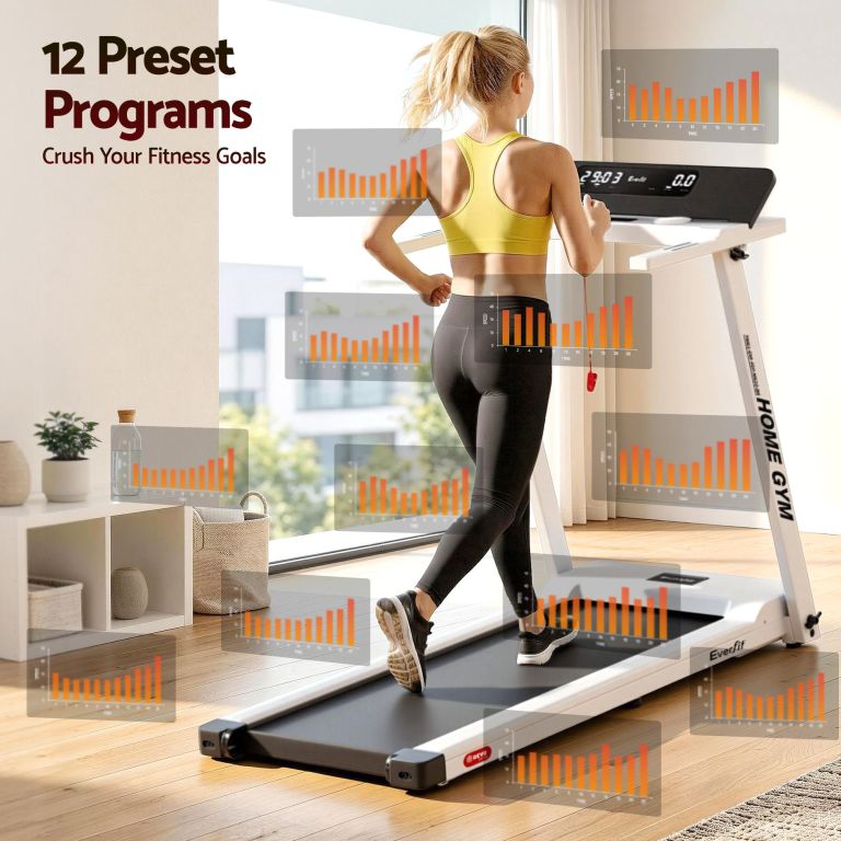 Woman running on treadmill with fitness data overlays