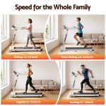 Family members exercising on home treadmill at varied speeds