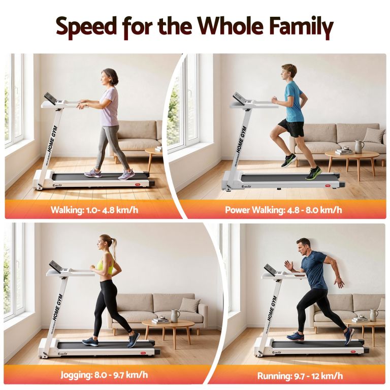 Family members exercising on home treadmill at varied speeds