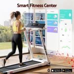 Woman using smart treadmill with fitness app interface