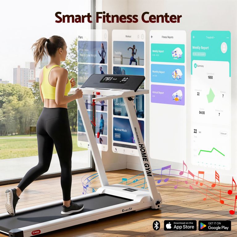 Woman using smart treadmill with fitness app interface