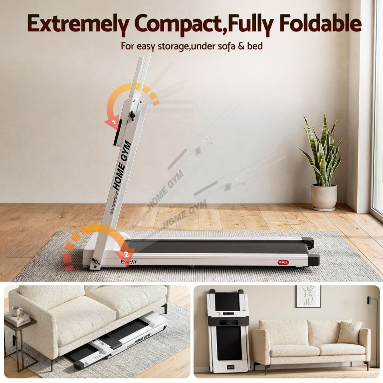 Compact foldable treadmill stored under sofa