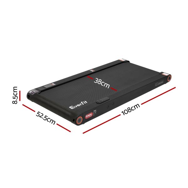everfit 4 in 1 vibration walking pad treadmill under desk treadmills for home gym with app control 380mm black Slim under-desk treadmill with dimensions displayed