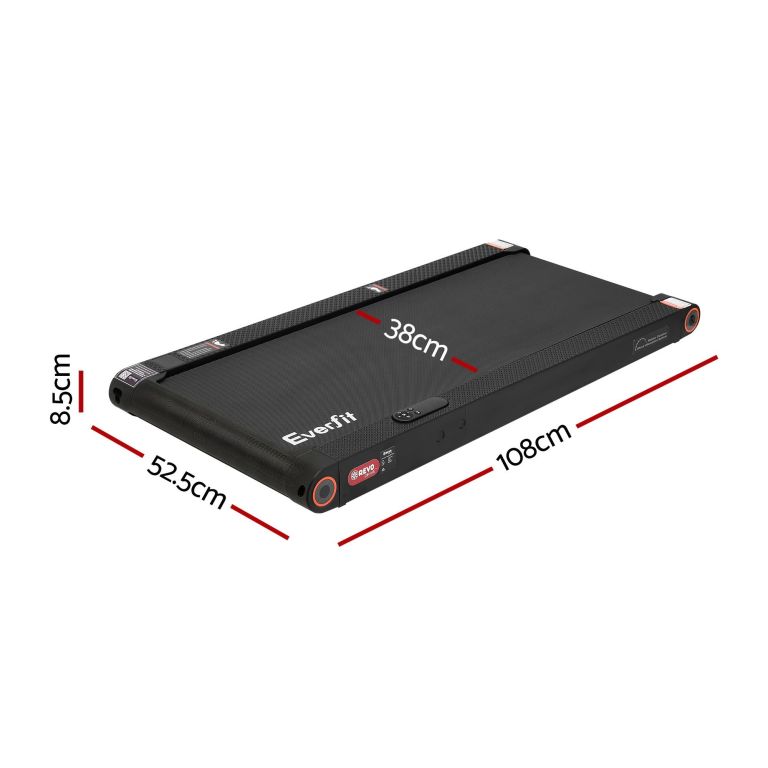 Slim under-desk treadmill with dimensions displayed