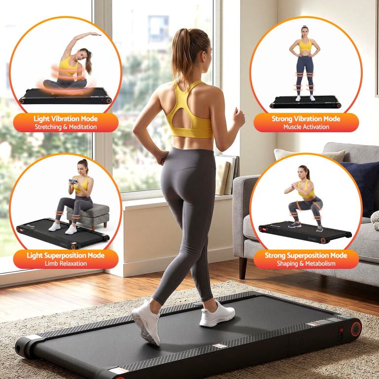 Woman exercising on vibration treadmill at home