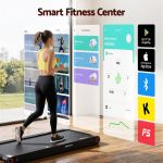 Woman using smart treadmill with fitness app interface