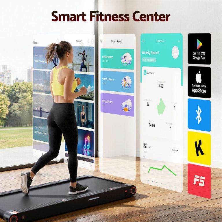 Woman using smart treadmill with fitness app interface
