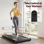 Woman jogging on compact treadmill with remote control
