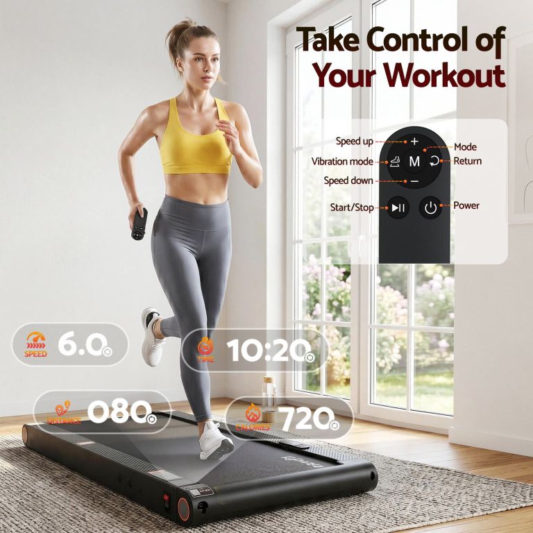 Woman jogging on compact treadmill with remote control