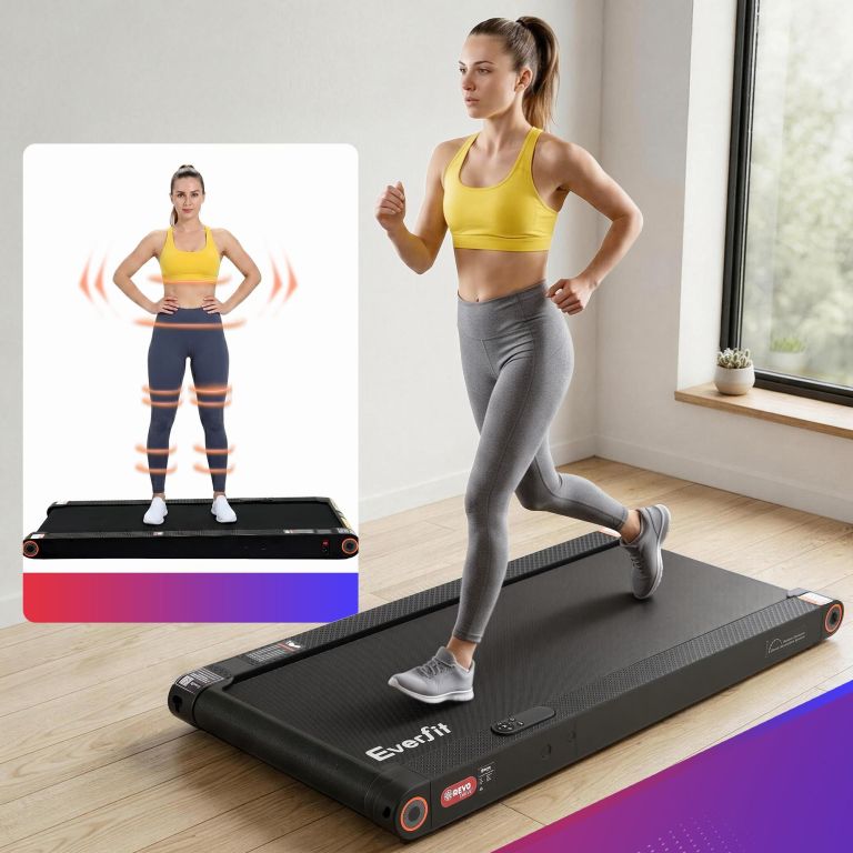 Woman exercising on treadmill in bright home gym