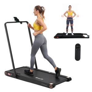 Woman walking on compact treadmill with remote control