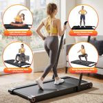 Woman using vibration treadmill at home gym