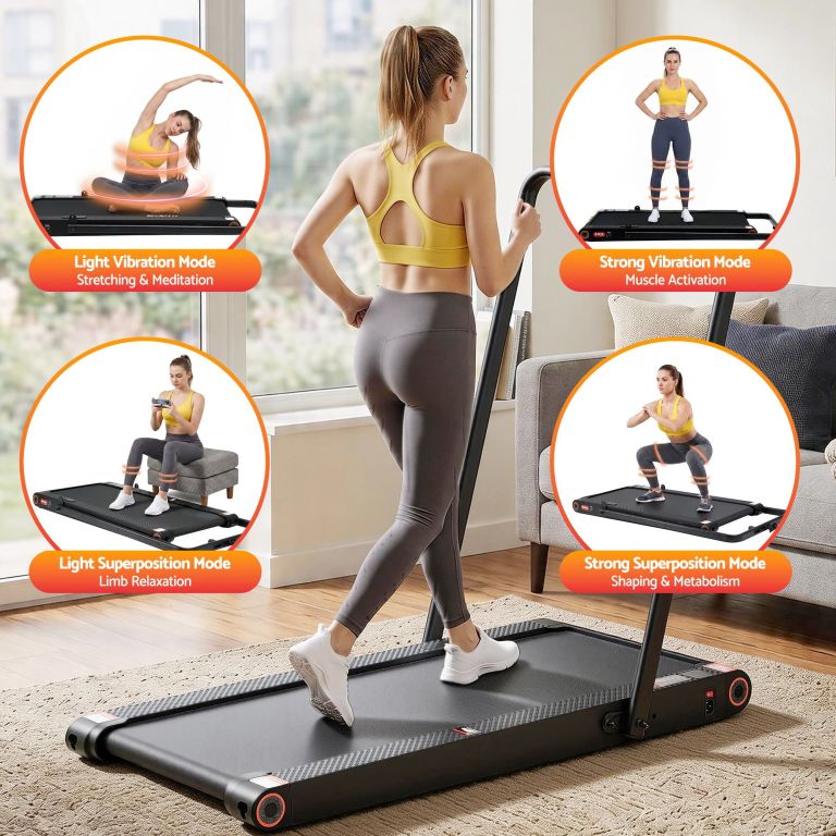 Woman using vibration treadmill at home gym