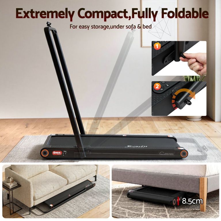 Compact foldable treadmill stored under sofa and bed