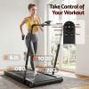 everfit 4 in 1 vibration walking pad treadmill under desk treadmills for home gym with app control 380mm black Woman running on treadmill with remote control display