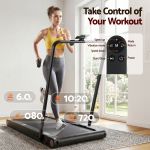 Woman running on treadmill with remote control display