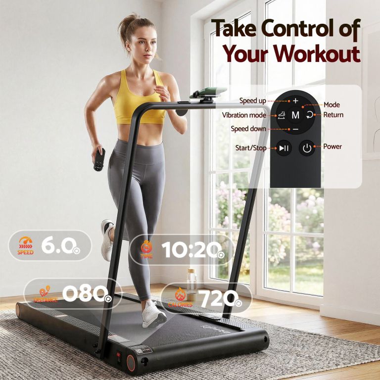 Woman running on treadmill with remote control display