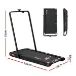 Black foldable Everfit treadmill with dimensions displayed