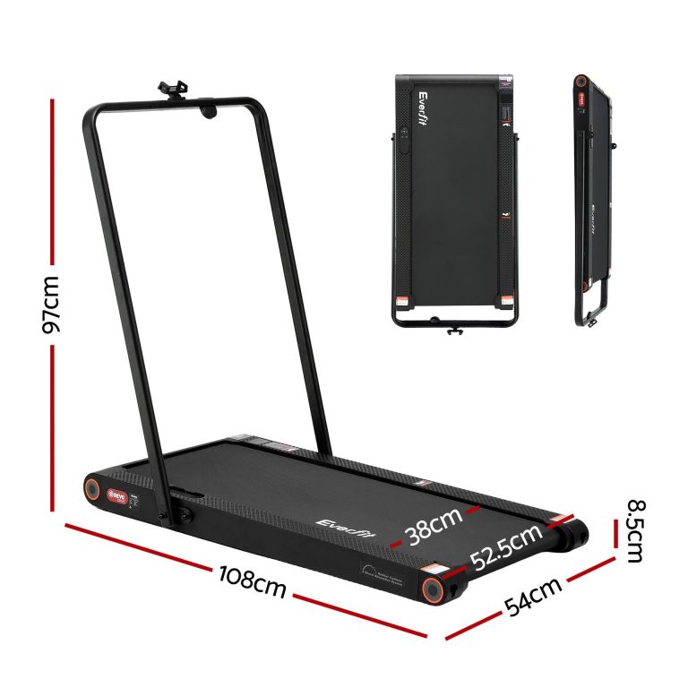 Black foldable Everfit treadmill with dimensions displayed