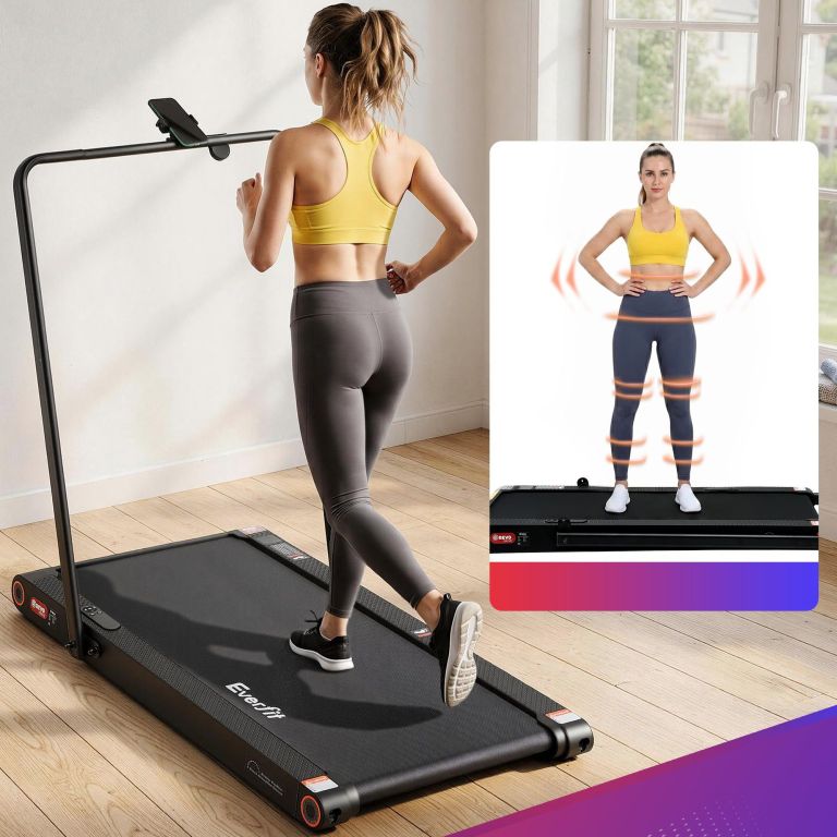 Woman exercising on home treadmill with fitness graphic