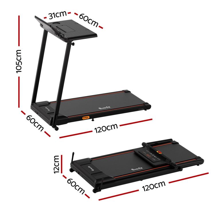 Black foldable treadmill with labelled dimensions