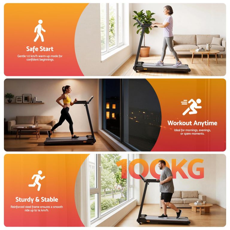 Home treadmill with safe start and stability features