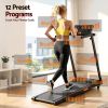 everfit treadmill electric walking pad foldable incline for home office gym black Woman running on treadmill with fitness stats overlay