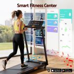 Woman using smart treadmill with fitness app