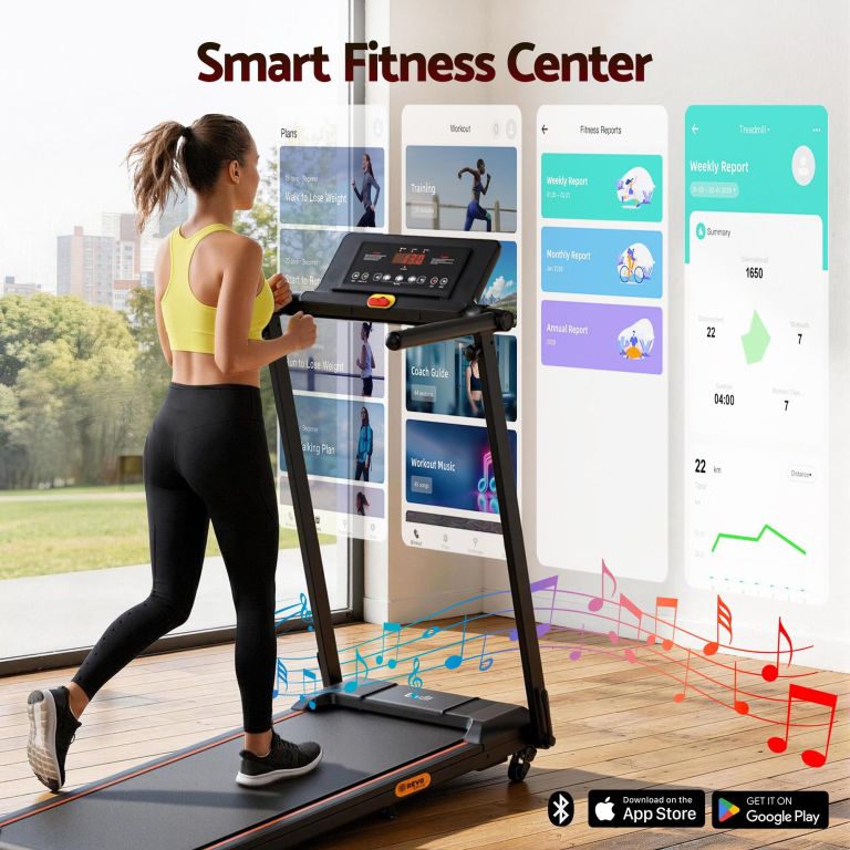 Woman using smart treadmill with fitness app