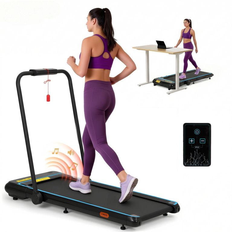 Woman walking on treadmill under standing desk