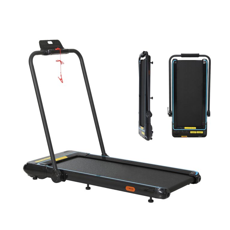 Black folding treadmill with upright storage position