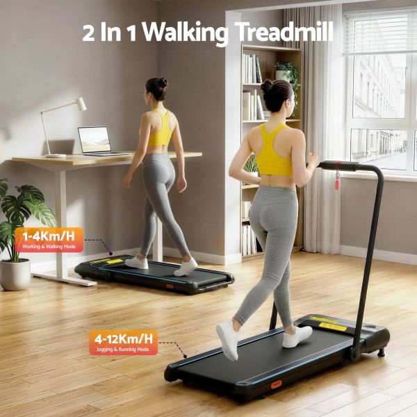 everfit treadmill electric walking pad under desk home gym fitness 420mm remote Woman using 2-in-1 treadmill at home office