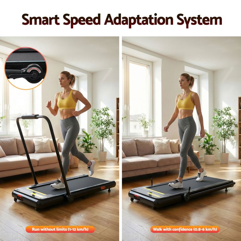 Woman using smart treadmill in living room