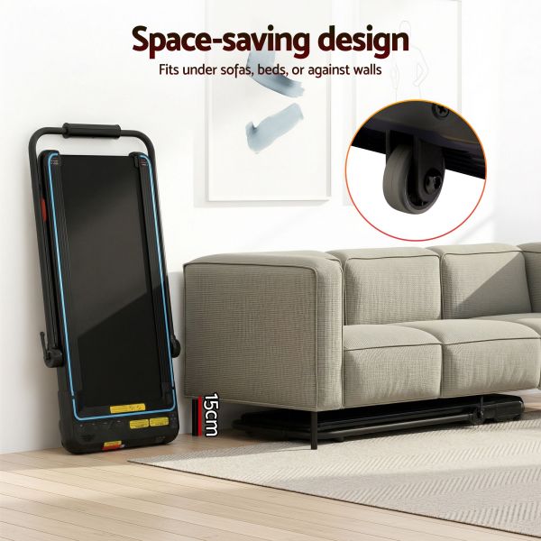 everfit treadmill electric walking pad under desk home gym fitness 420mm remote Foldable treadmill stored upright beside sofa