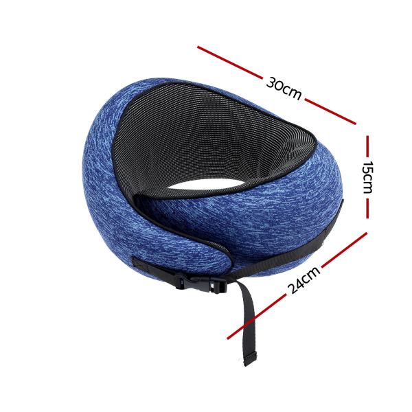 Blue U-shaped travel neck pillow with strap