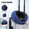 Blue travel neck pillow on suitcase handle