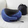Blue memory foam travel neck pillow with carry bag
