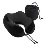 Black memory foam travel neck pillow with pouch