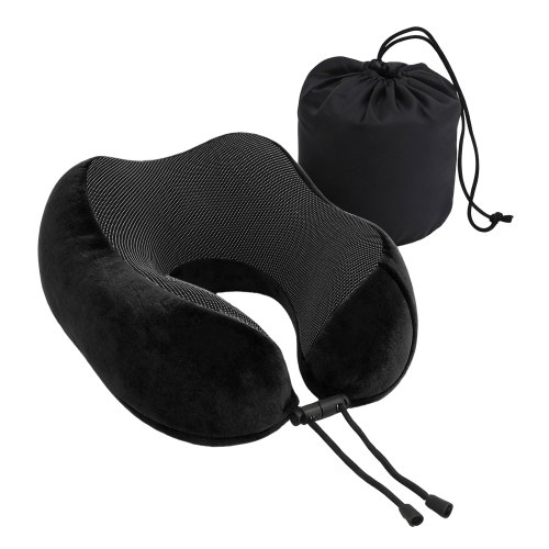 Black memory foam travel neck pillow with pouch