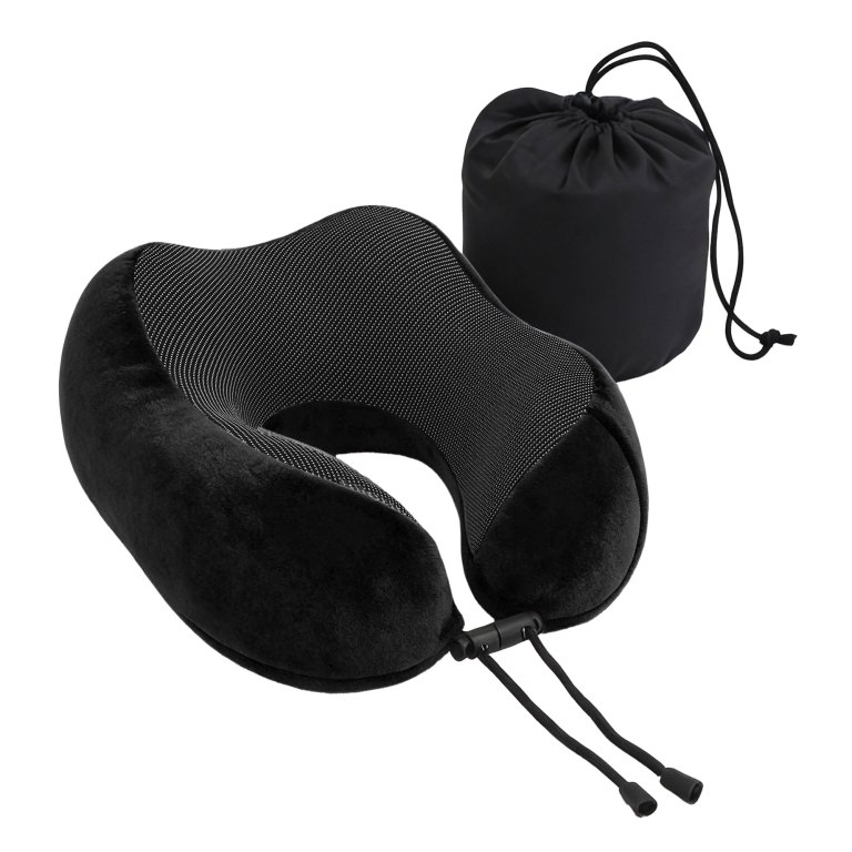 Black memory foam travel neck pillow with pouch