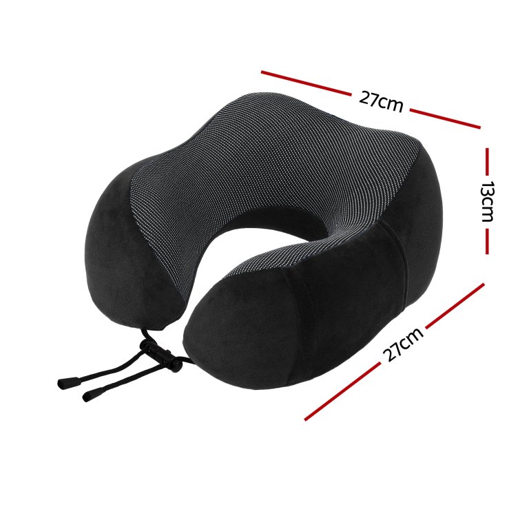 Black U-shaped travel neck pillow with dimensions