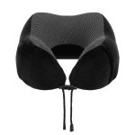 Black U-shaped travel neck pillow with drawstring