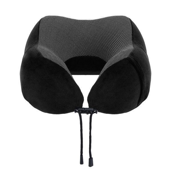 Black U-shaped travel neck pillow with drawstring