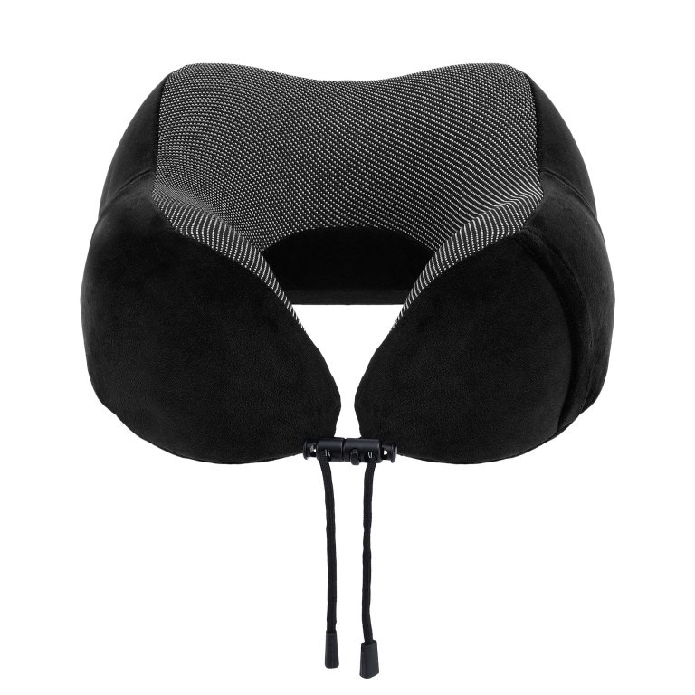 Black U-shaped travel neck pillow with drawstring